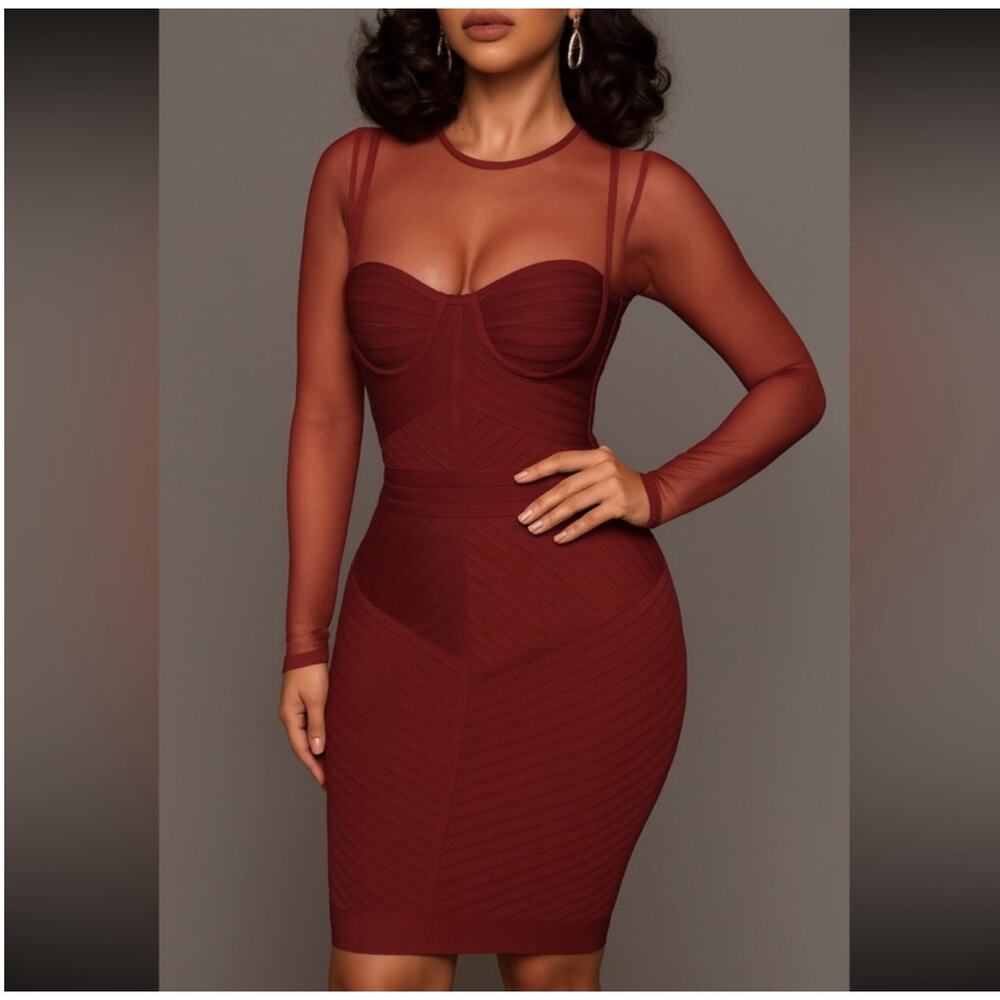 House of CB Coquette Lolita Feminine Noelle Bandage Sheer Sleeve Dress Red sz XS